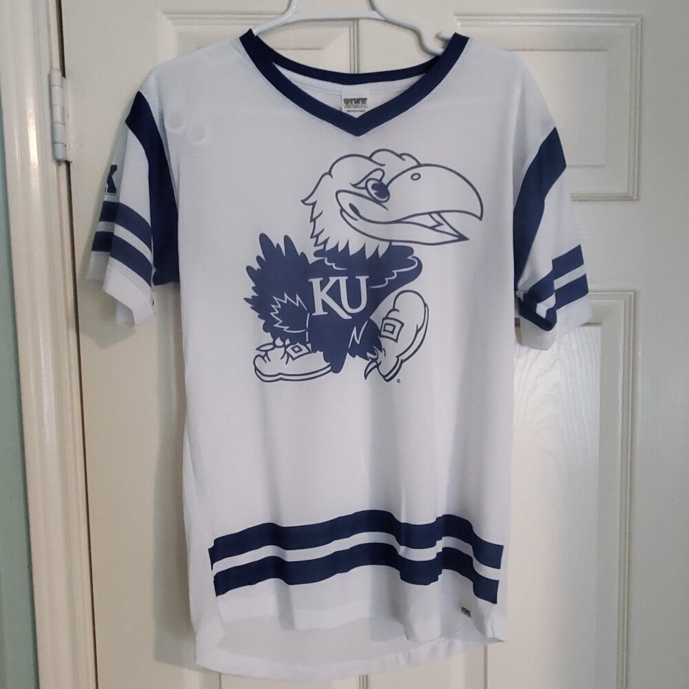 Victoria Secrets PINK KU Jayhawks jersey style mesh top 5th & Ocean Kansas SMALL